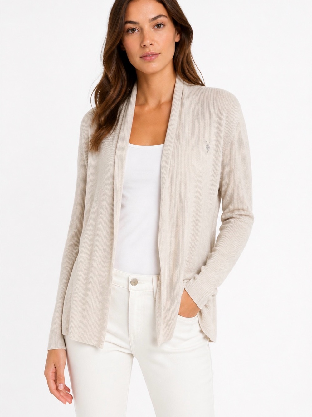 AllSaints Light Beige Open-Front Ribbed Cardigan